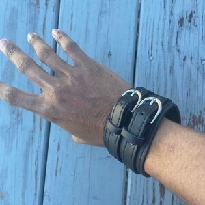 Gothic Vintage Black faux leather double buckle cuff Punk bracelet Adjustable